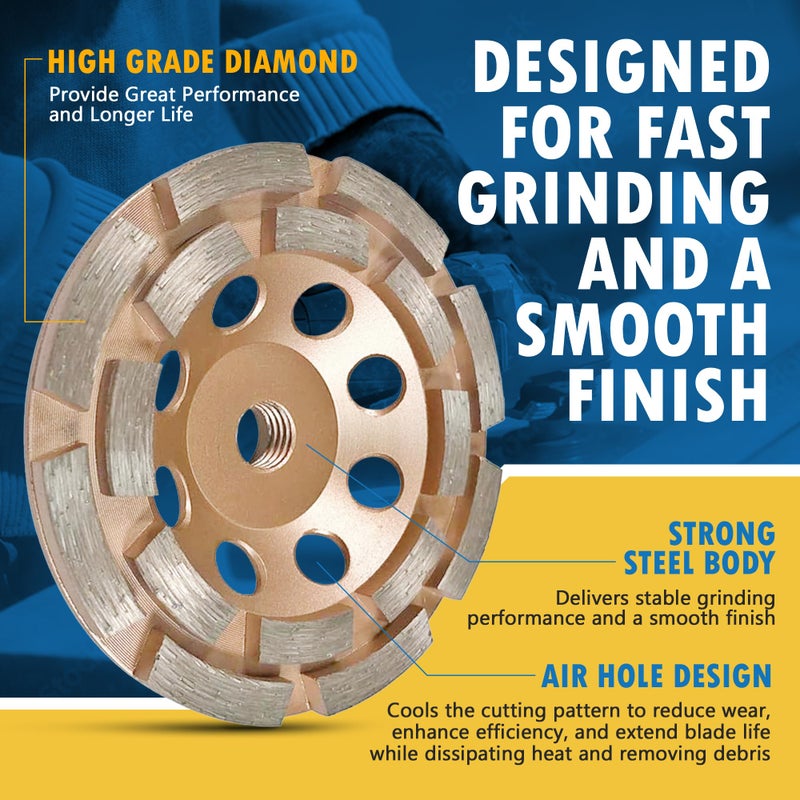 EDiamondTools عجلات طحن الماس 4" للخرسانة أو البناء، 16 شريحة مزدوجة، 30/40 حبيبة، رابطة متوسطة، 5/8"-11 محور - Image 2